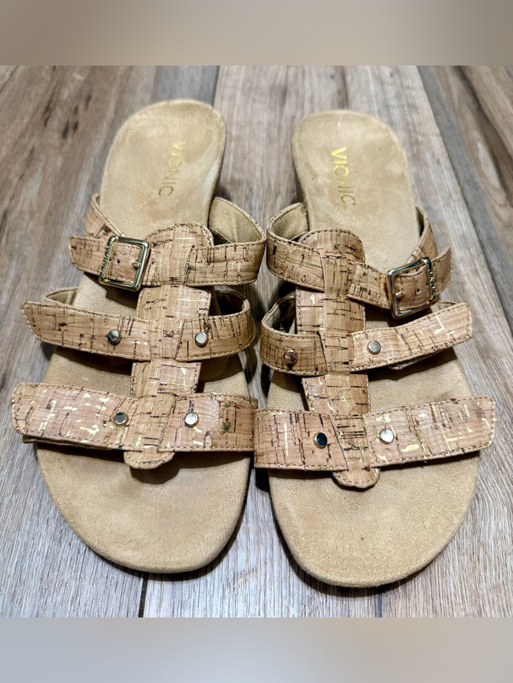Vionic Orthaheel Park Radia Adjustable Strap Wedge Slides Gold Slides Sz 8 EUC